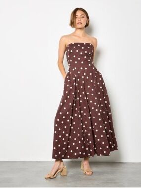Apricot Strapless Polka Dot Wide-Leg Jumpsuit - Brown, size small
